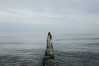 Wooden posts in sea against sky