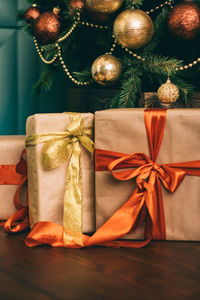 Close-up of christmas decorations on table