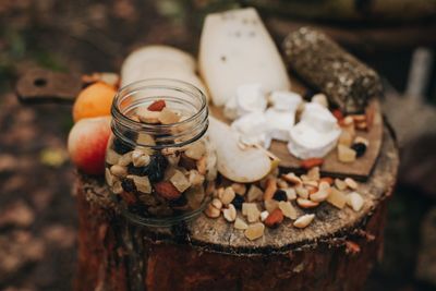 High angle view of fruits in jar on table