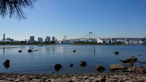 View of built structures against clear sky