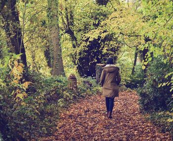 Rear view of woman walking on road amidst trees