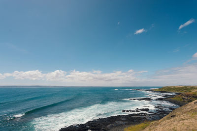 Scenic view of sea against blue sky