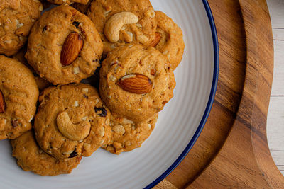 High angle view of cookies in plate