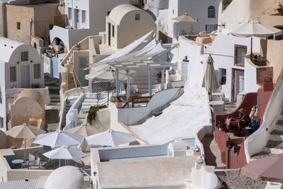 High angle view of houses at oia on sunny day