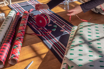 High angle view of multi colored umbrella on table