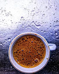 High angle view of raindrops on coffee