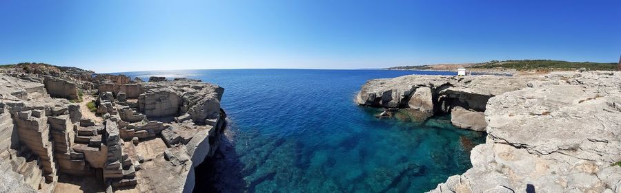 Panoramic view of sea against clear blue sky