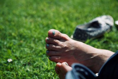 Close-up of hand on grass