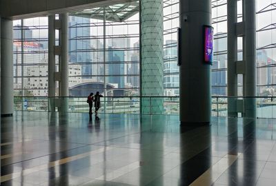 Man walking in modern building