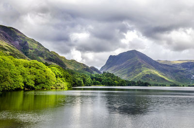 Scenic view of lake and mountains against sky