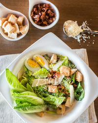 High angle view of food served on table