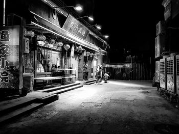 Empty illuminated building at night