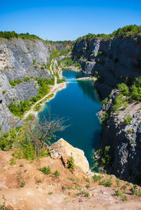 Scenic view of lake against clear blue sky