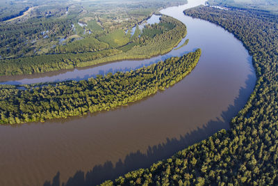 Aerial view of the danube river and its floodplain in serbia and croatia