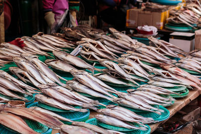 High angle view of dry fishes for sale at market