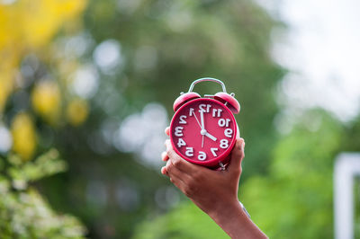 Close-up of hand holding alarm clock against trees