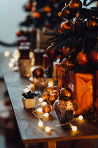 Close-up of christmas decoration on table