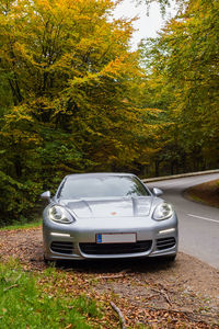 Car on road in forest during autumn