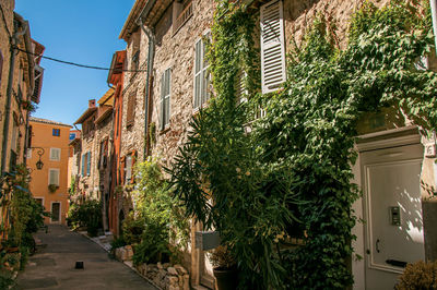 Alley view with stone houses and plants in vence, in the french provence.