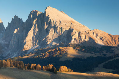 Scenic view of snowcapped mountains against clear sky