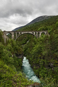 View of arch bridge over valley with flowing river