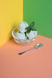 High angle view of ice cream on table