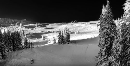 Snow covered landscape against sky at night