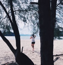 Woman walking on tree by sea