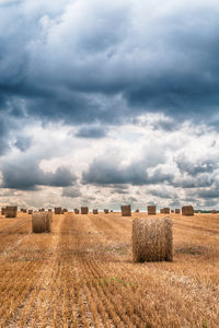 Hay bales on field against sky