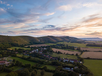 High angle view of landscape against sky during sunset