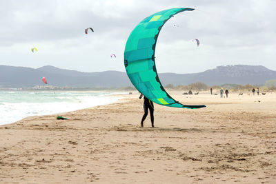 Kitesurfer in wetsuit holding kite on beach