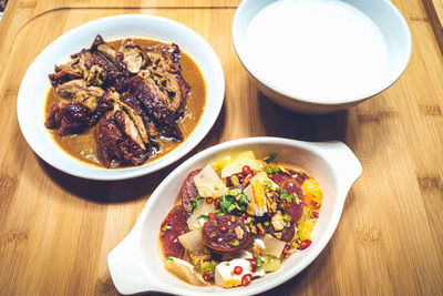 High angle view of meal served on table