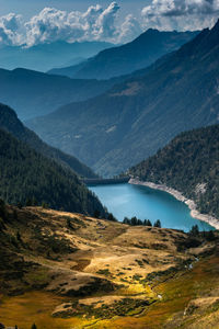 Scenic view of lake and mountains against sky