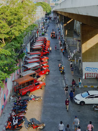 High angle view of people on road in city