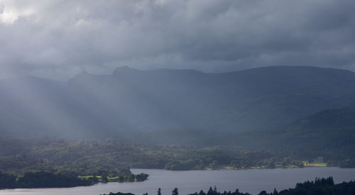 Scenic view of lake by mountains against sky