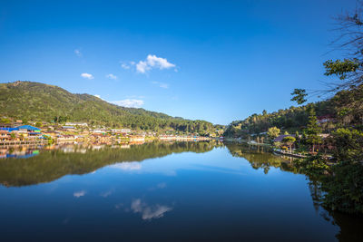 Scenic view of lake by buildings against blue sky