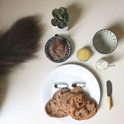 High angle view of cookies in plate on table