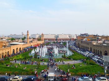 High angle view of people in city