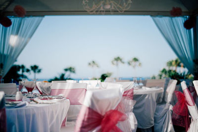 Decorated tables at wedding ceremony