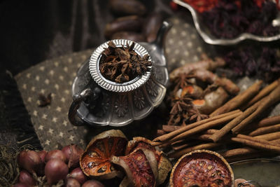 High angle view of chocolate in container on table