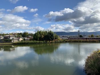 Scenic view of lake with train against sky