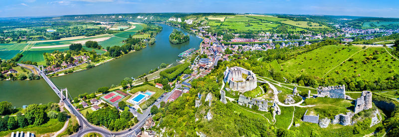 High angle view of trees and buildings in city