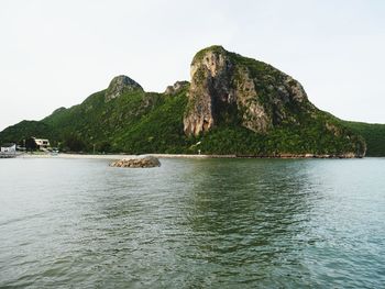 Scenic view of bay against clear sky