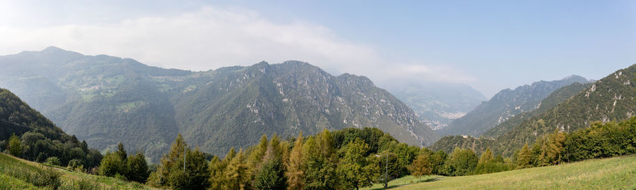 Panoramic shot of trees and mountains against sky