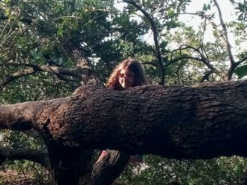 Portrait of smiling young woman lying on tree trunk in forest