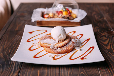 High angle view of dessert in plate on table