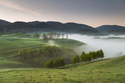 Scenic view of landscape and mountains against sky