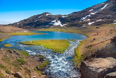 Scenic view of mountains against clear blue sky