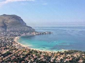 Scenic view of bay against sky