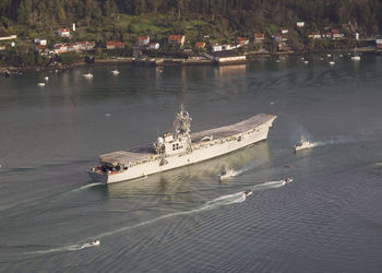 High angle view of boats in sea